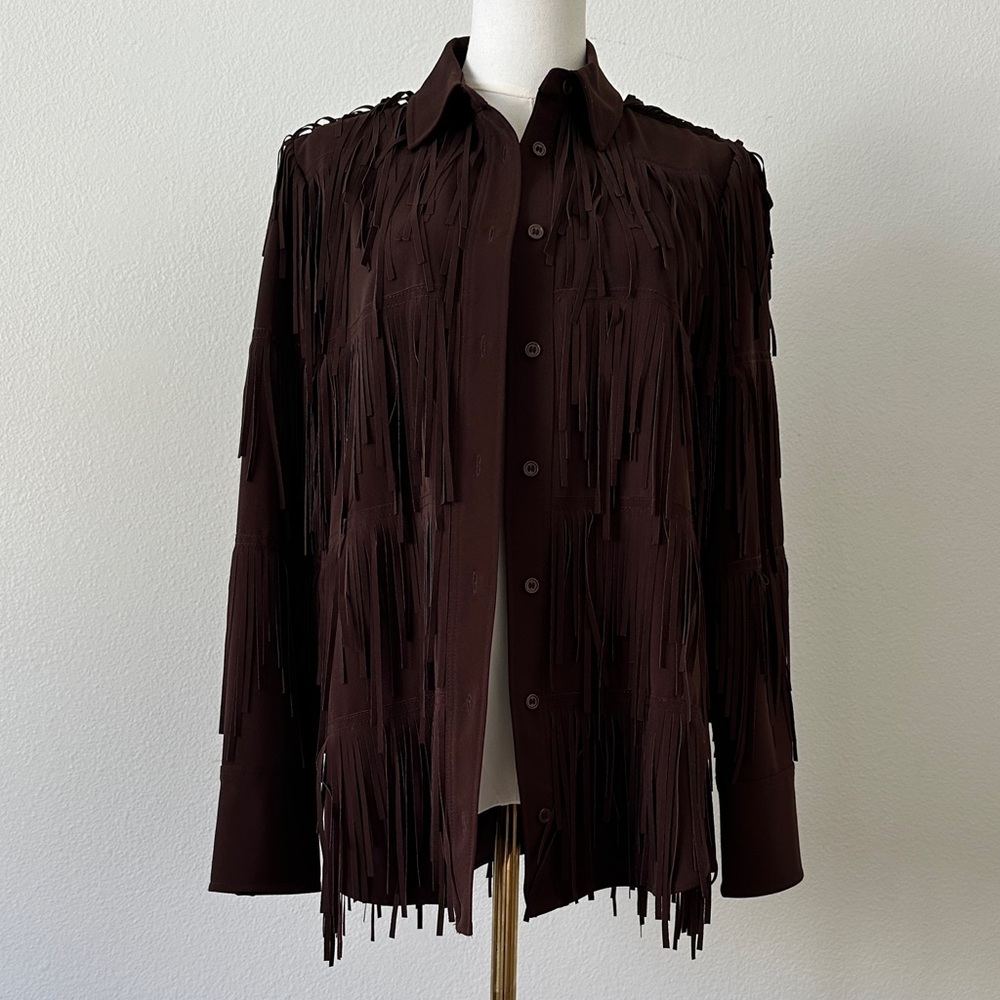 Zara Dark Brown Fringe Button-Up Jacket
